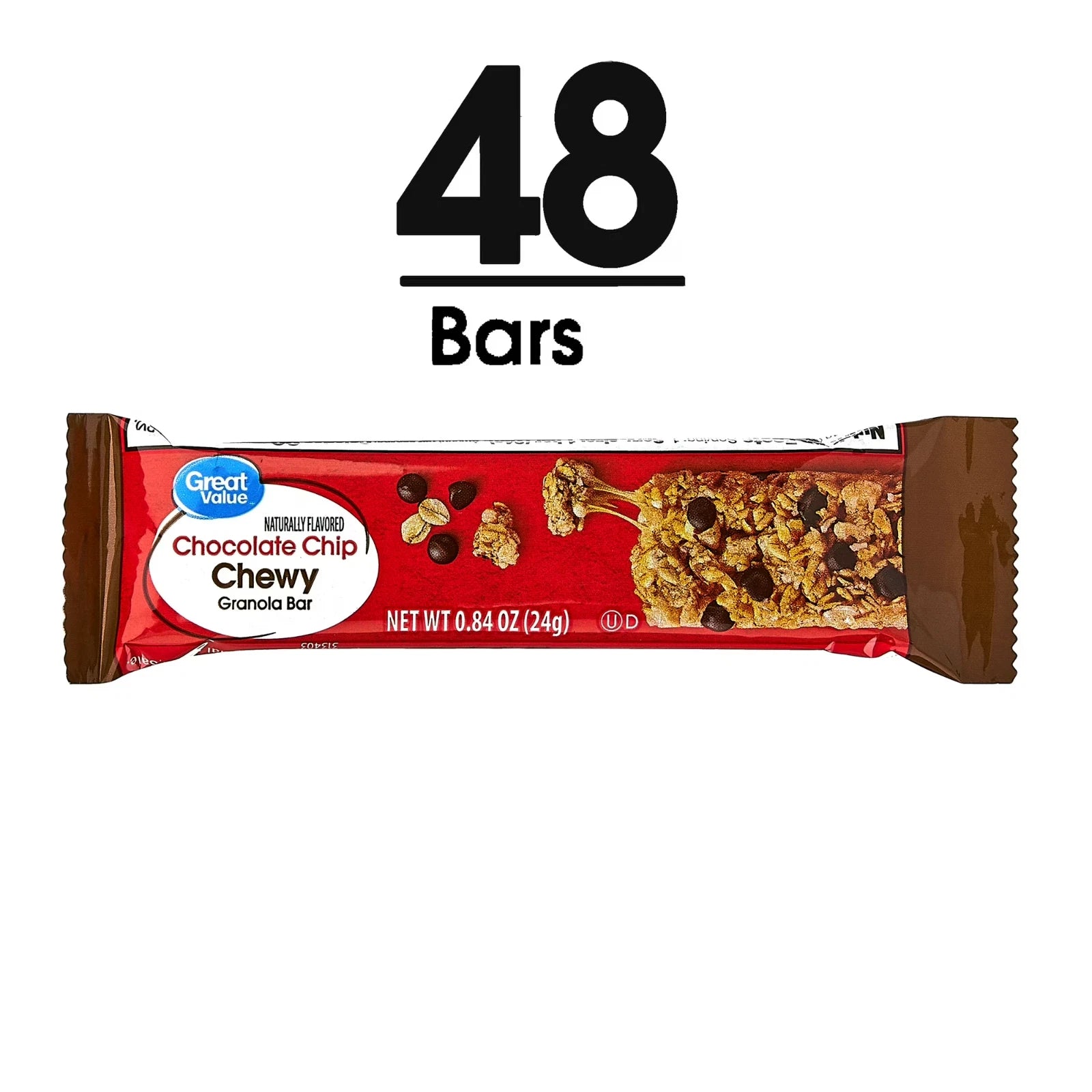 Pack of 2 Great Value Chocolate Chip Chewy Granola Bars, 0.84 oz Paper Box, 48 CT