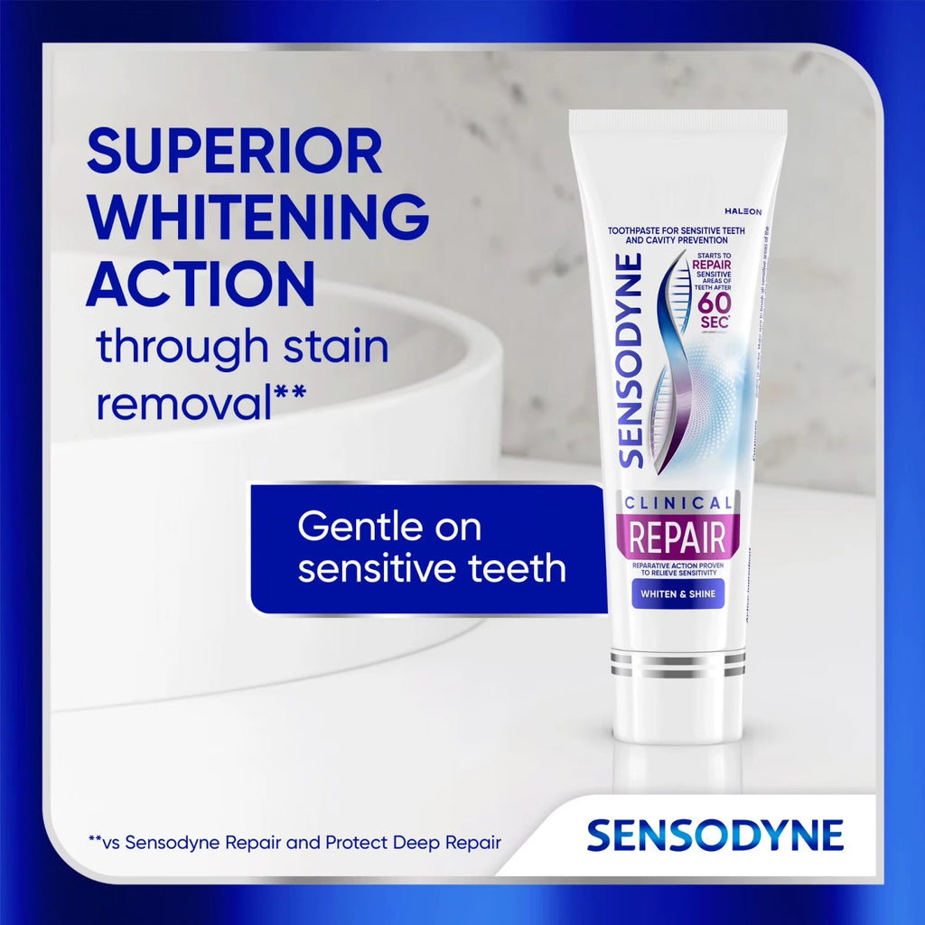 Sensodyne Clinical Repair Whiten & Shine Toothpaste for Sensitivity Relief, 2P