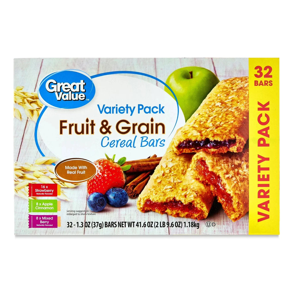 Pack of 3 Great Value Fruit & Grain Cereal Bars, Variety Pack, 1.3 oz, 32 Count