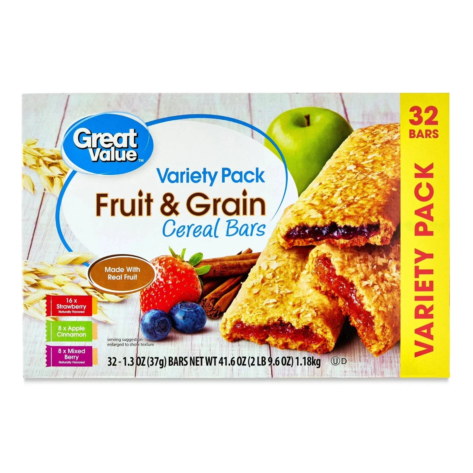 Pack of 3 Great Value Fruit & Grain Cereal Bars, Variety Pack, 1.3 oz, 32 Count