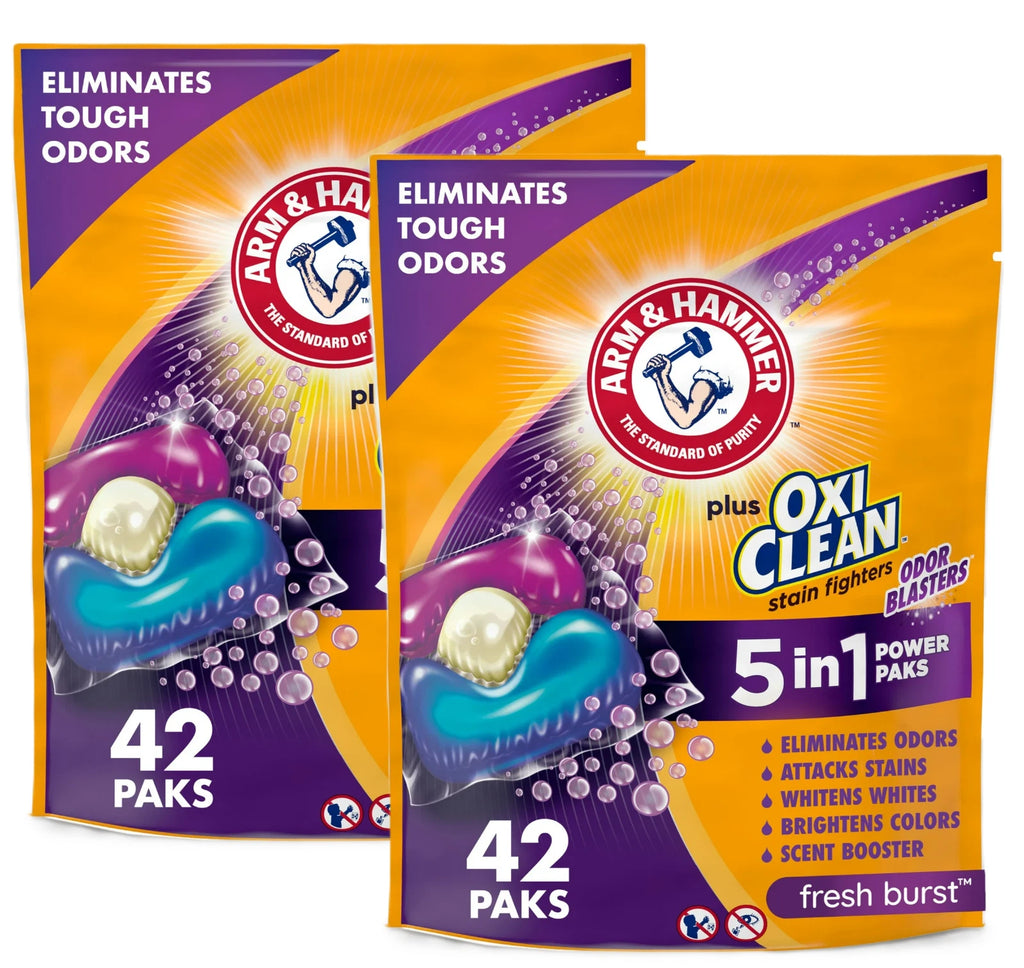 ARM and HAMMER Plus OxiClean 5-in-1 Laundry Detergent Power Pks Fresh Burst 42ct Pack of 2