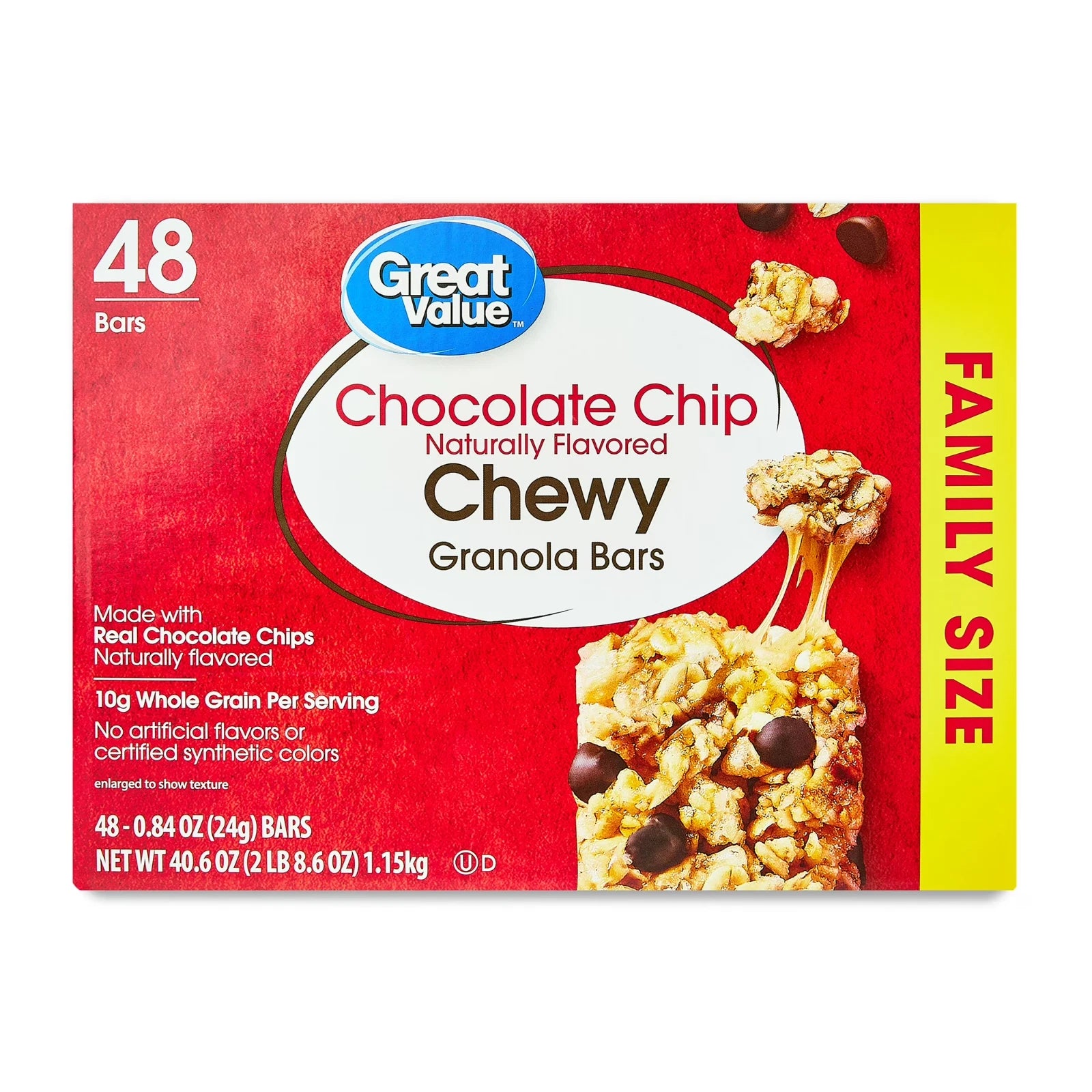 Pack of 2 Great Value Chocolate Chip Chewy Granola Bars, 0.84 oz Paper Box, 48 CT