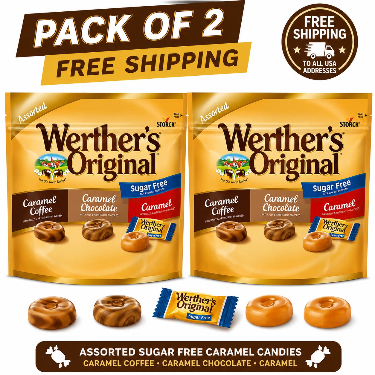Werthers Original Hard Sugar Free Assorted Flavors, Caramel Coffee Candy, 7.7 Oz Pack of 2