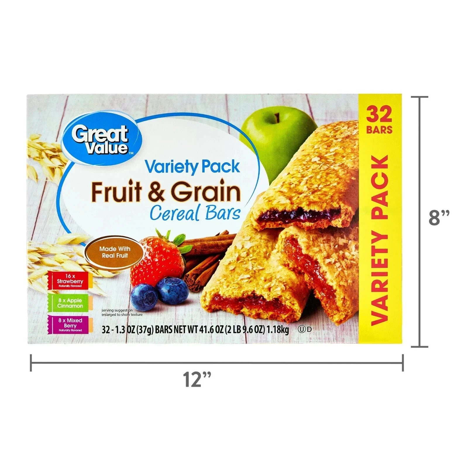 Pack of 3 Great Value Fruit & Grain Cereal Bars, Variety Pack, 1.3 oz, 32 Count
