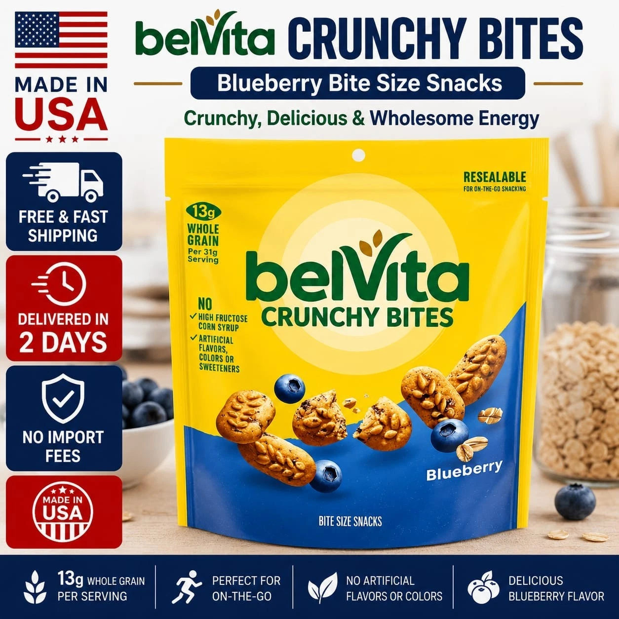 Pack of 3 belVita Whole Grain Blueberry Crunchy Bites – 5 oz Snack Pack